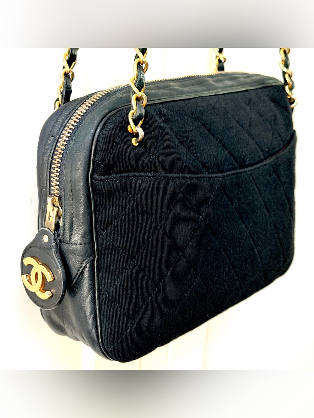 CHANEL Vintage Black Quilted Jersey Gold Chain Shoulder Bag + LegitApp COA